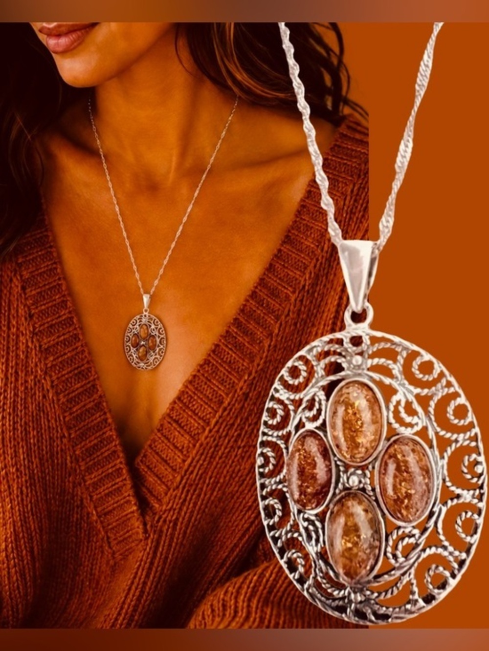 Vintage Set Italian Livior Sterling Silver 925 Necklace & Baltic Amber Pendant